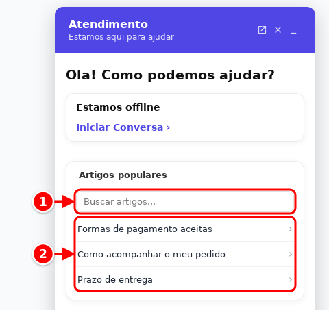 Chat do site aberto com os Artigos populares: o campo de busca e a lista de artigos numerados de 1 a 2