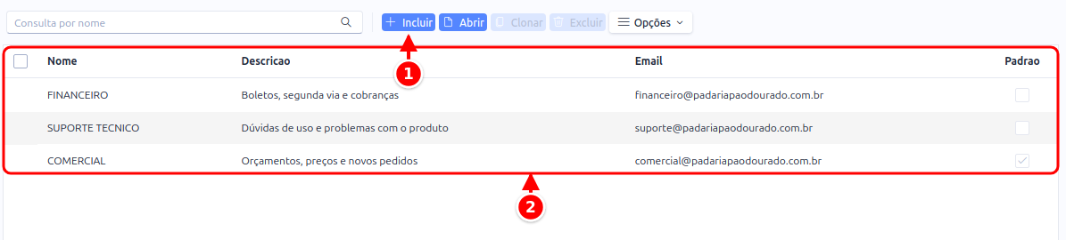 Lista de departamentos com o botão Incluir e a grade com nome, descrição, e-mail e padrão numerados de 1 a 2