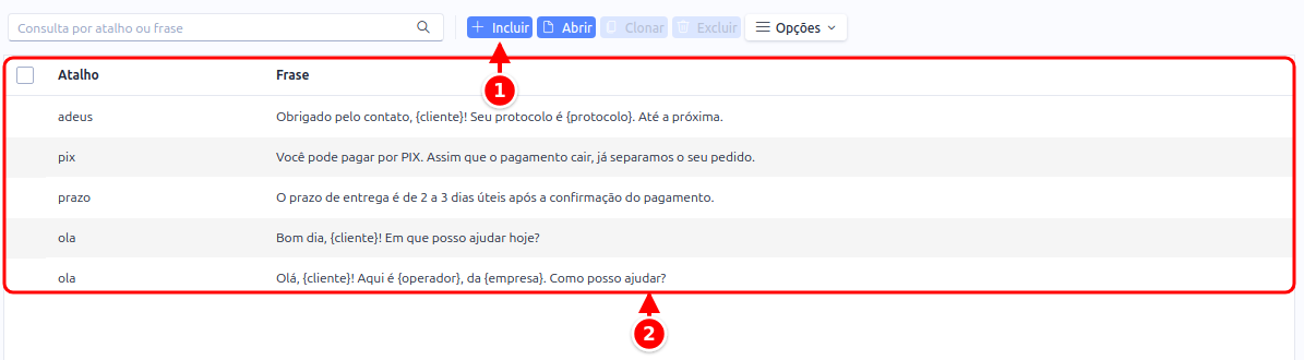 Lista de frases prontas com o botão Incluir e a grade de atalhos e frases numerados de 1 a 2
