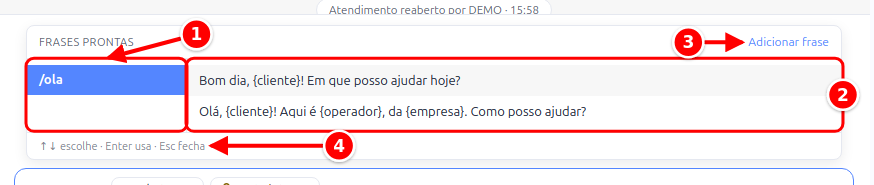 Painel Frases prontas aberto no campo de mensagem, com a lista de atalhos, as frases do atalho, Adicionar frase e a dica de teclado numerados de 1 a 4