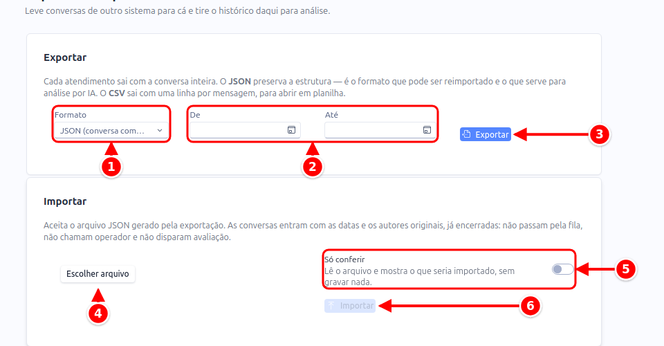 Aba Importar e exportar com o formato, o período, o botão Exportar, Escolher arquivo, Só conferir e Importar numerados de 1 a 6