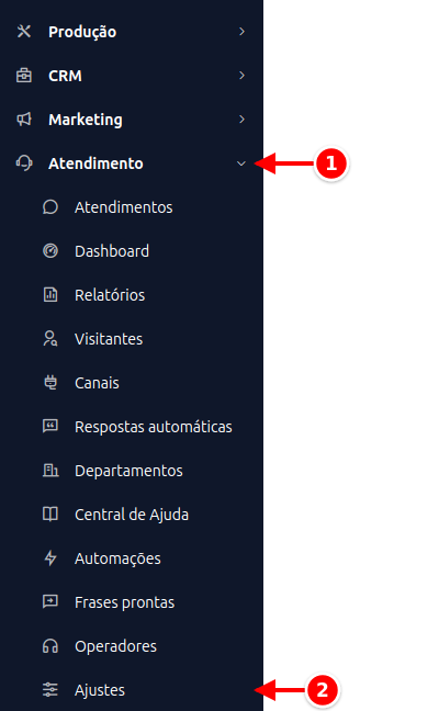 Menu lateral com Atendimento e Ajustes numerados de 1 a 2
