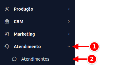 Menu lateral com Atendimento e Atendimentos numerados de 1 a 2
