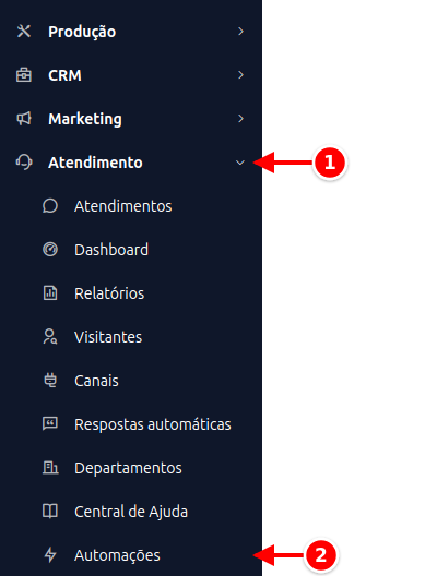 Menu lateral com Atendimento e Automações numerados de 1 a 2