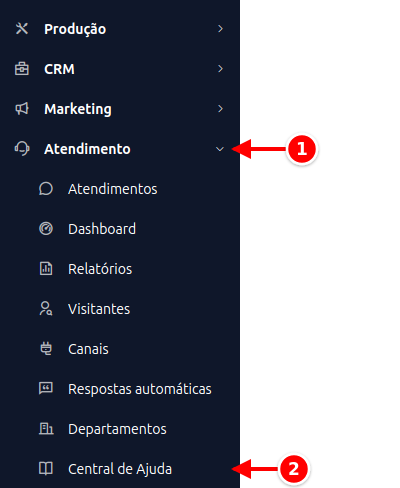 Menu lateral com Atendimento e Central de Ajuda numerados de 1 a 2