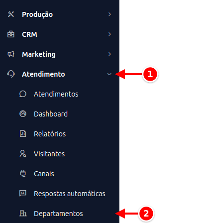 Menu lateral com Atendimento e Departamentos numerados de 1 a 2