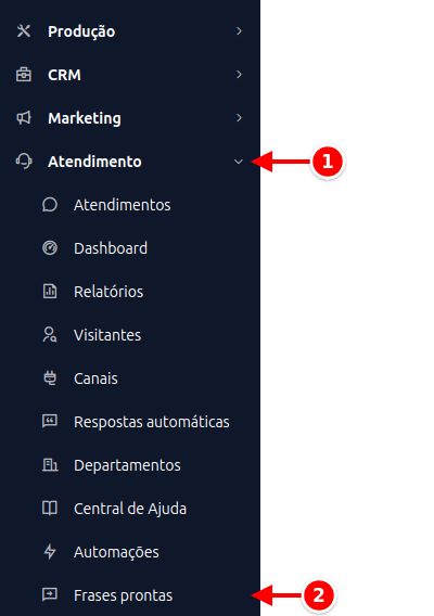Menu lateral com Atendimento e Frases prontas numerados de 1 a 2