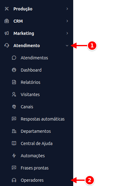 Menu lateral com Atendimento e Operadores numerados de 1 a 2