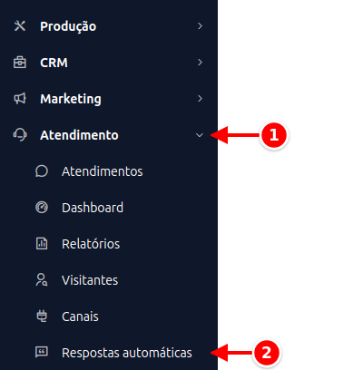 Menu lateral com Atendimento e Respostas automáticas numerados de 1 a 2