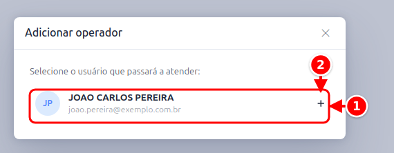 Janela Adicionar operador com a lista de usuários e o botão de adicionar numerados de 1 a 2