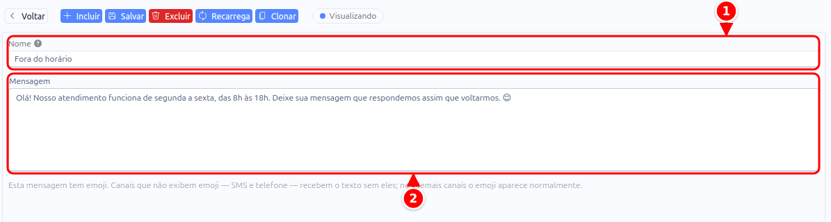 Formulário da resposta automática com os campos Nome e Mensagem numerados de 1 a 2