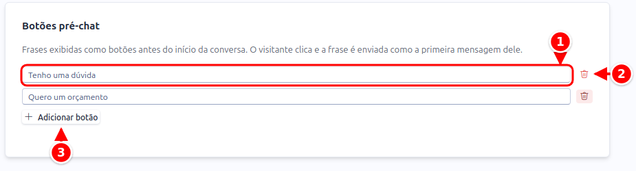 Seção Botões pré-chat com duas frases, a lixeira e o botão Adicionar botão numerados de 1 a 3