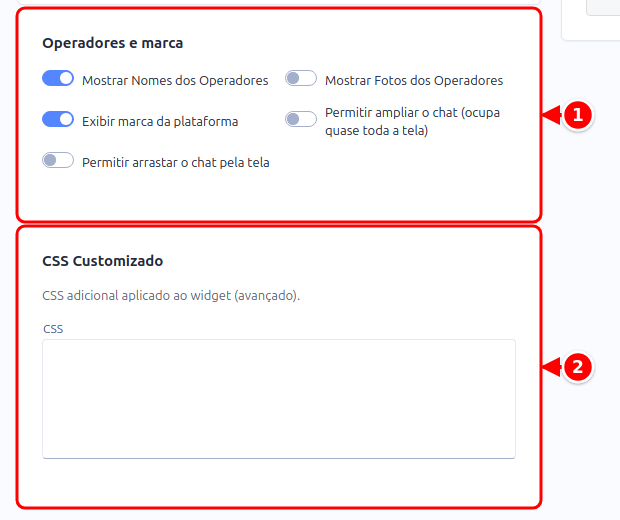 Seções Operadores e marca e CSS Customizado numeradas de 1 a 2