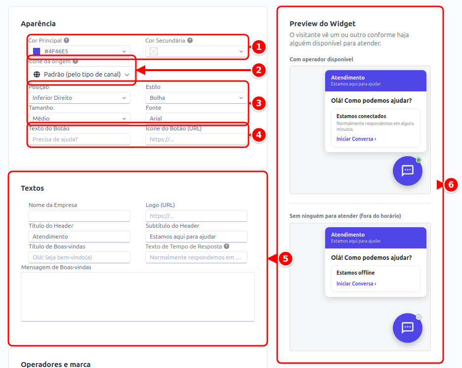 Seção Design com as cores, o ícone da origem, a posição, o estilo, o tamanho, a fonte, o botão, os textos e a prévia do chat numerados de 1 a 6