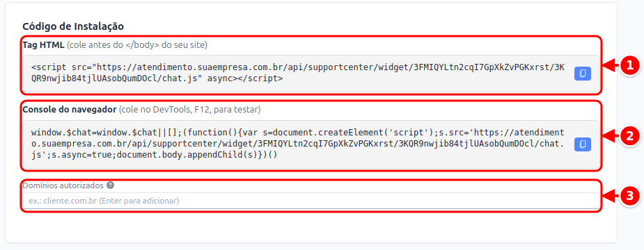Seção Instalação com a Tag HTML, o código do Console do navegador e o campo Domínios autorizados numerados de 1 a 3