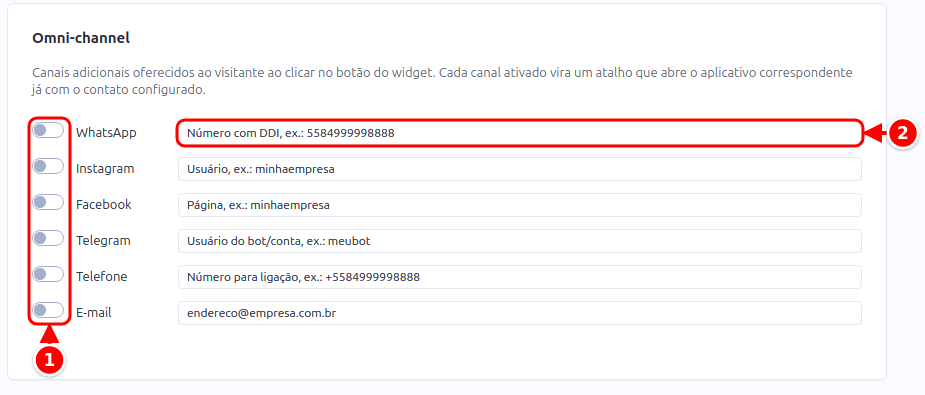 Seção Omni-channel com as chaves de cada canal e o campo do contato numerados de 1 a 2