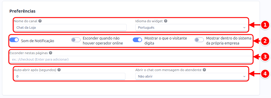 Seção Preferências com o nome e o idioma, as chaves de comportamento, as páginas escondidas e a abertura automática numerados de 1 a 4