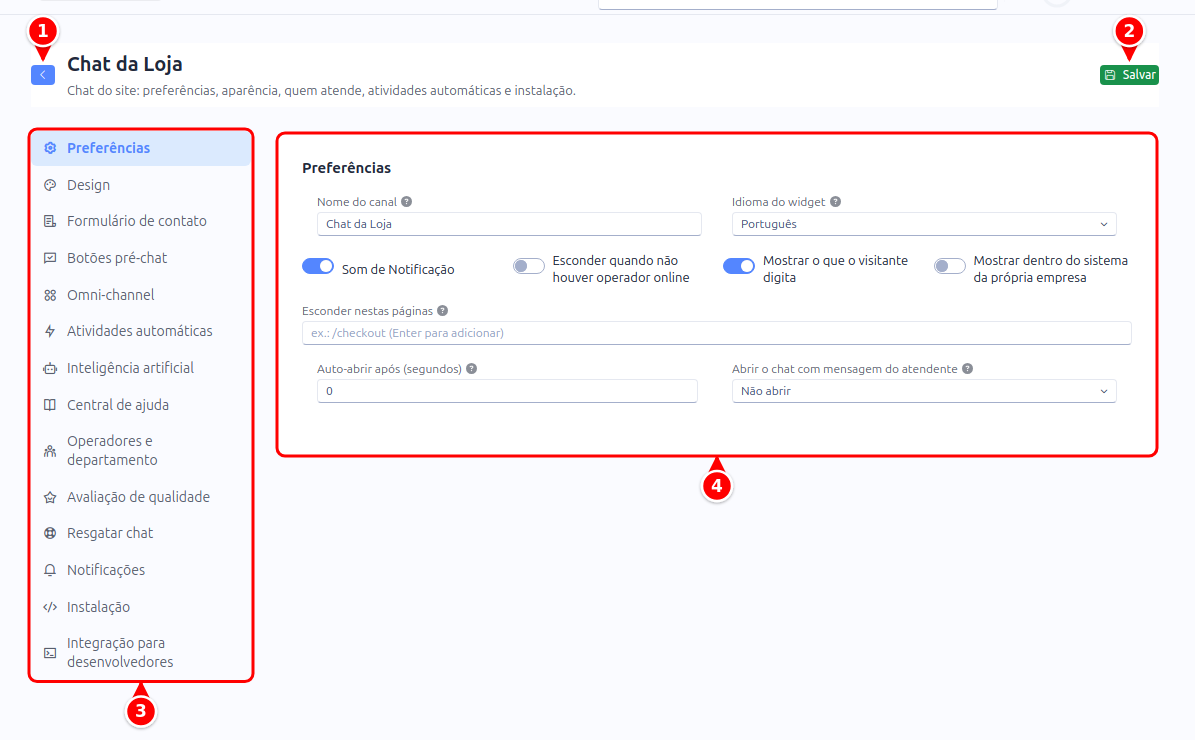 Tela do chat do site com o botão de voltar, Salvar, o menu das seções e o formulário numerados de 1 a 4