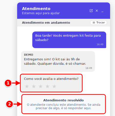 Chat do visitante com as estrelas da avaliação e o aviso Atendimento resolvido numerados de 1 a 2