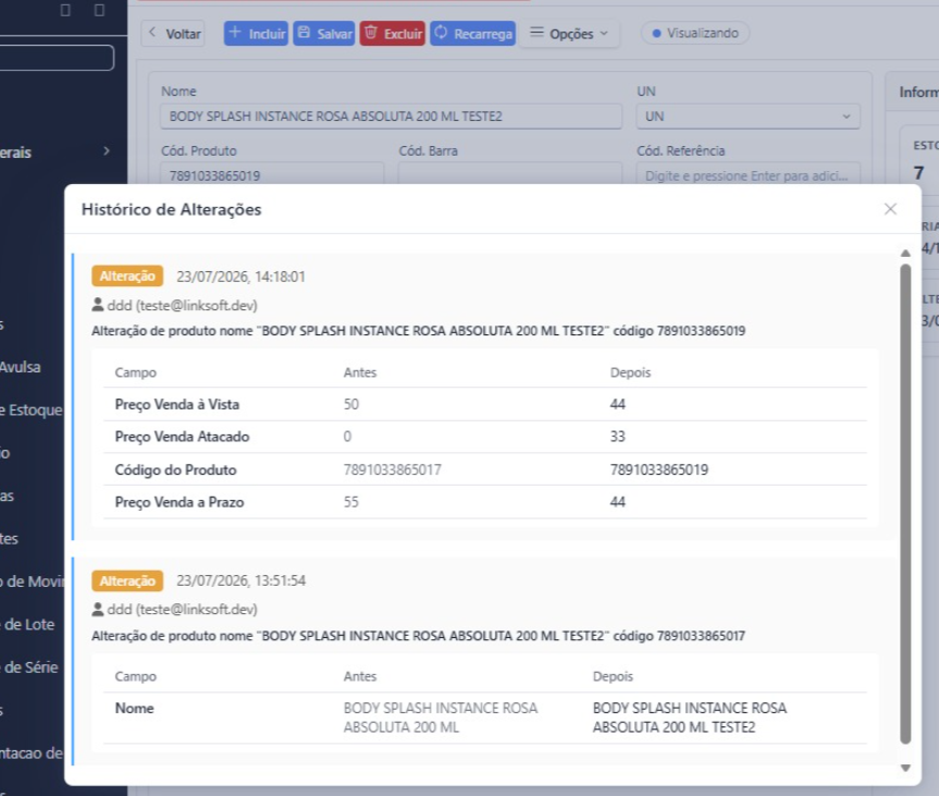 Menu Opções aberto na tela de cadastro, com a opção Histórico de Alterações