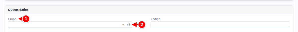 Card Outros dados do cadastro de pessoa com o campo Grupo e a lupa numerados de 1 a 2