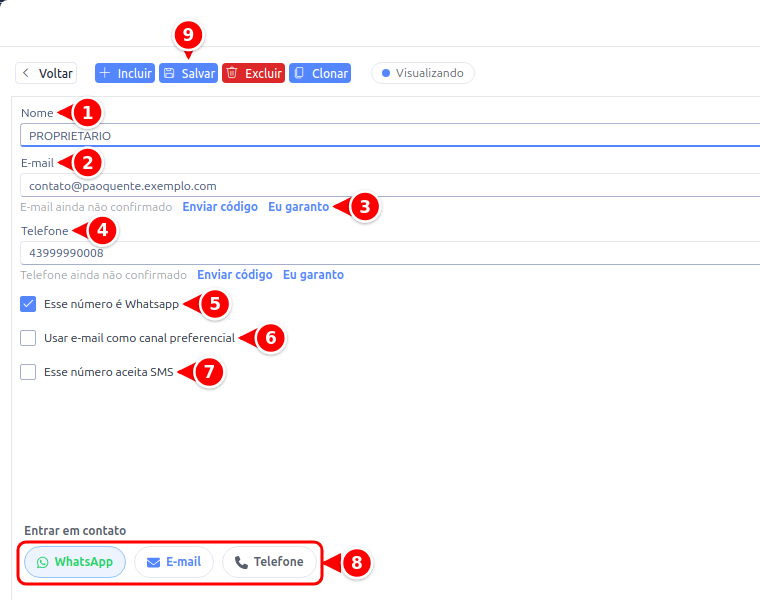 Janela de contato com nome, e-mail, telefone, as opções de WhatsApp, e-mail preferencial e SMS, os botões de contato e Salvar numerados de 1 a 9