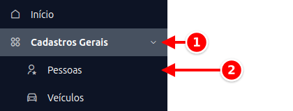 Menu lateral com Cadastros Gerais e Pessoas numerados de 1 a 2