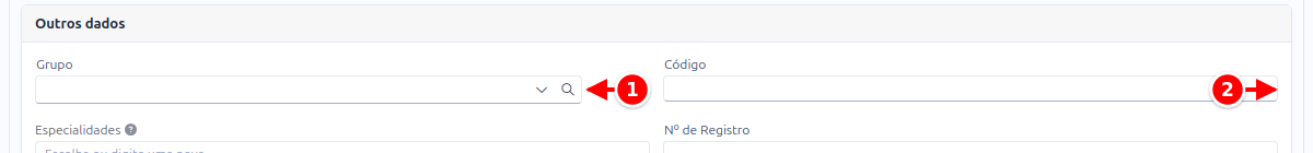 Card Outros dados com os campos Grupo e Código numerados de 1 a 2