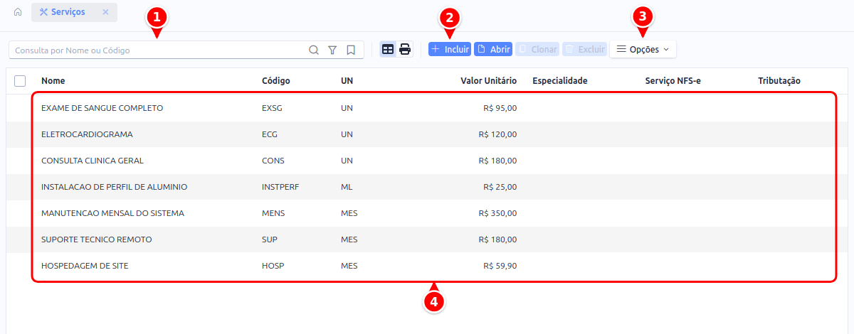 Listagem de serviços com a consulta, os botões Incluir e Opções e a grade numerados de 1 a 4