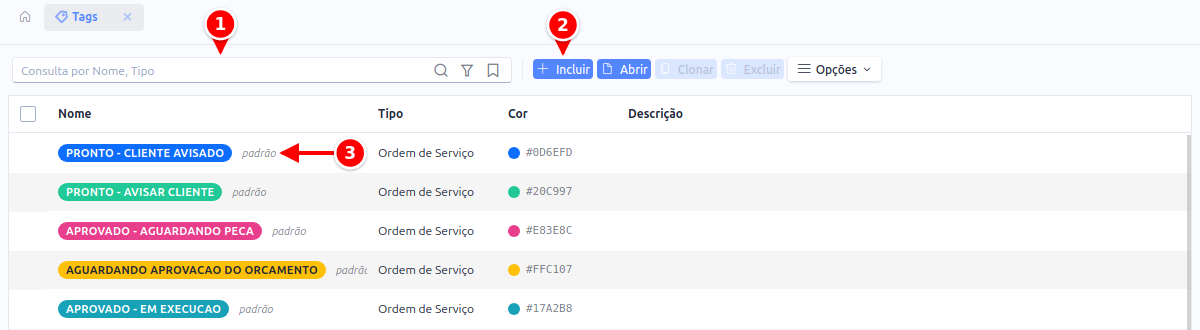 Listagem de tags com a consulta, o botão Incluir e a marca padrão numerados de 1 a 3
