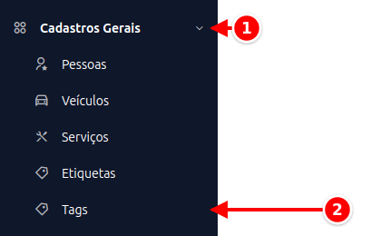 Menu lateral com Cadastros Gerais e Tags numerados de 1 a 2