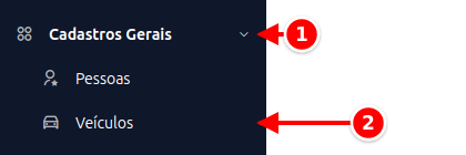 Menu lateral com Cadastros Gerais e Veículos numerados de 1 a 2