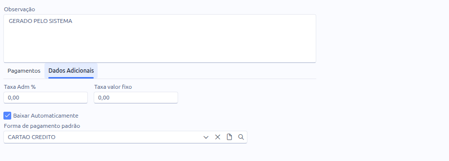 Aba Dados Adicionais da conta, com a opção Baixar Automaticamente marcada e a forma de pagamento padrão
