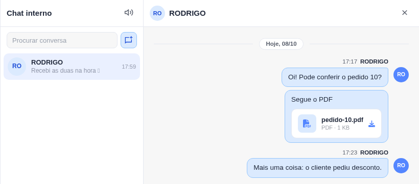 Painel do chat interno com a lista de conversas à esquerda e a conversa aberta à direita, com um PDF anexado