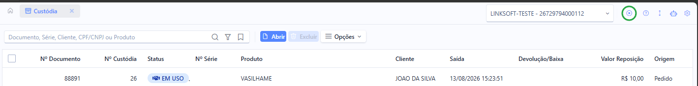 Listagem da Custódia com o vasilhame em uso, o cliente, o valor de reposição e a origem Pedido