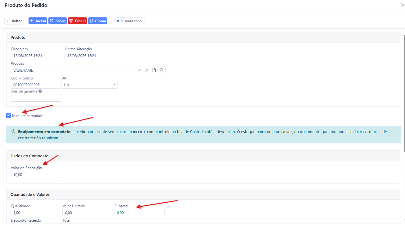 Formulário do item com a opção "Item em comodato", o aviso explicativo, o Valor de Reposição e o subtotal zerado