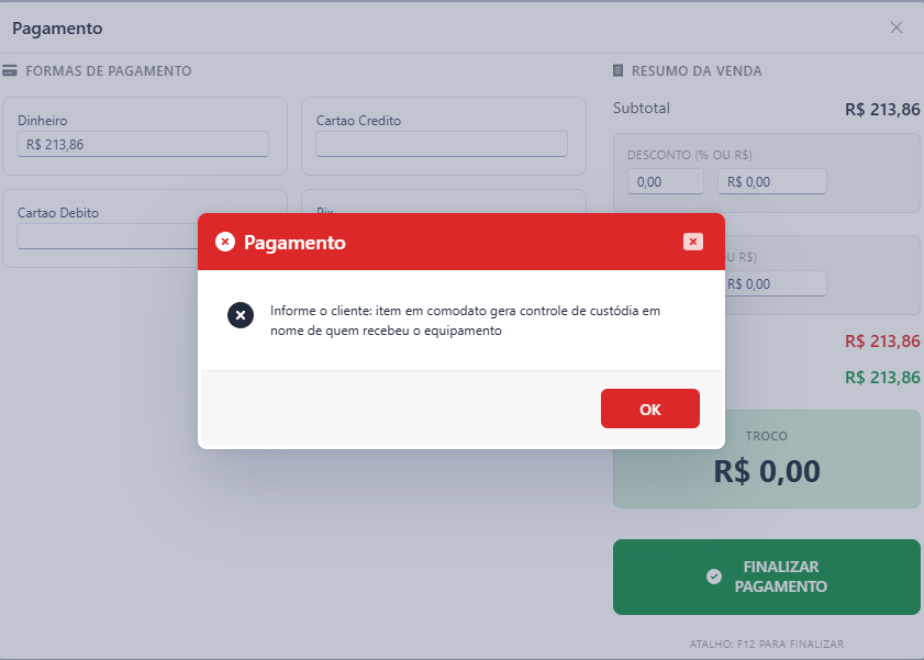 Mensagem bloqueando o pagamento enquanto o cliente não é informado