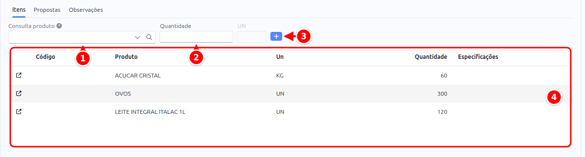 Aba Itens da cotação com a consulta de produto, a quantidade, o botão + e a lista de itens numerados de 1 a 4