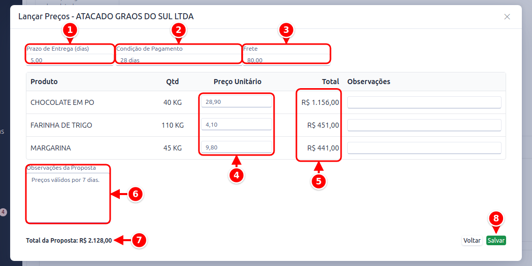 Janela Lançar Preços com prazo, condição de pagamento, frete, preços, total e botão Salvar numerados de 1 a 8