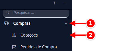 Menu lateral com Compras e Cotações numerados de 1 a 2