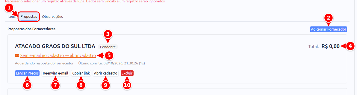 Aba Propostas da cotação com o cartão de um fornecedor e seus botões numerados de 1 a 10