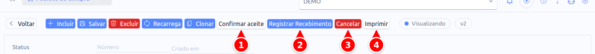 Barra de botões do pedido Emitido com Confirmar aceite, Registrar Recebimento, Cancelar e Imprimir numerados de 1 a 4