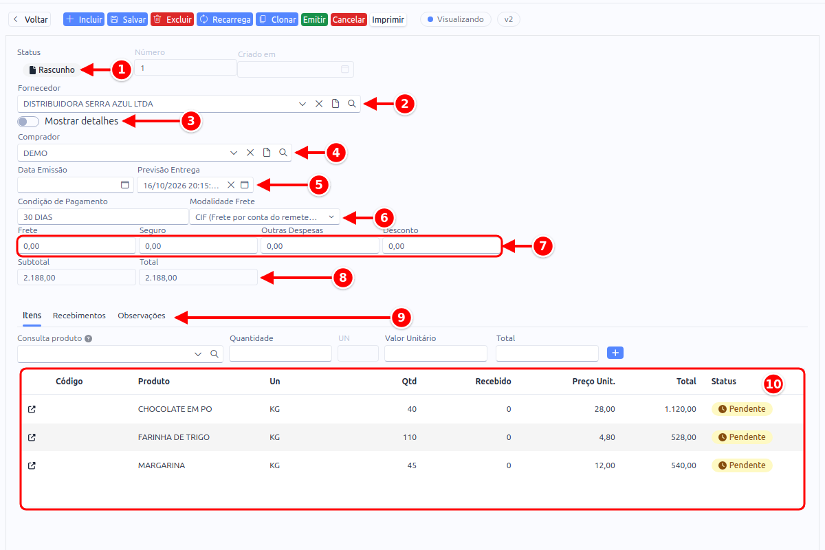 Formulário do pedido de compra com Status, Fornecedor, condições comerciais, totais, abas e lista de itens numerados de 1 a 10