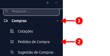 Menu lateral com Compras e Pedidos de Compra numerados de 1 a 2
