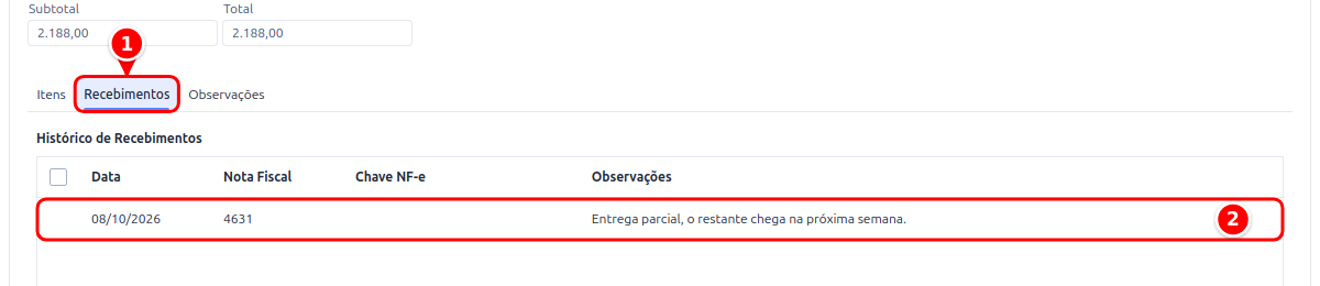 Aba Recebimentos do pedido com o histórico de recebimentos numerados de 1 a 2