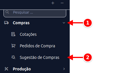 Menu lateral com Compras e Sugestão de Compras numerados de 1 a 2