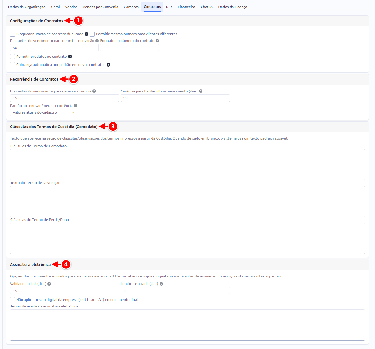 Aba Contratos com os cartões Configurações de Contratos, Recorrência de Contratos, Cláusulas dos Termos de Custódia e Assinatura eletrônica numerados de 1 a 4