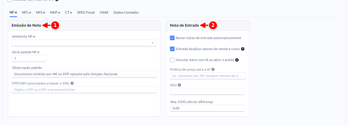 Sub-aba NF-e com os cartões Emissão de Nota e Nota de Entrada numerados de 1 a 2