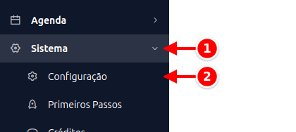 Menu lateral com Sistema e Configuração numerados de 1 a 2