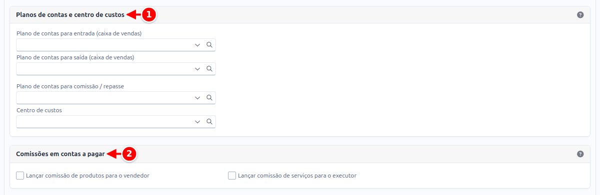 Aba Vendas com os cartões Planos de contas e centro de custos e Comissões em contas a pagar numerados de 1 a 2
